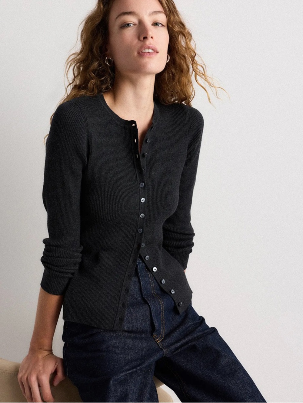 Quince Cotton Cashmere Fitted Ribbed Cardigan Medium Charcoal Grey